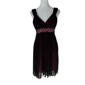 Vtg City Triangle Mesh Overlay Dress M Burgundy Black Sequin Babydoll Empire Y2K